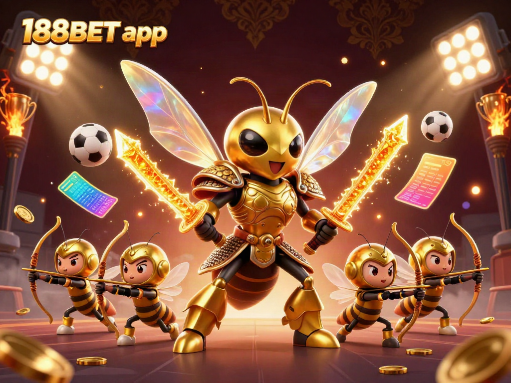 Experience the thrilling 188BET app with a dynamic casino scene featuring a golden hornet warrior and sports elements.