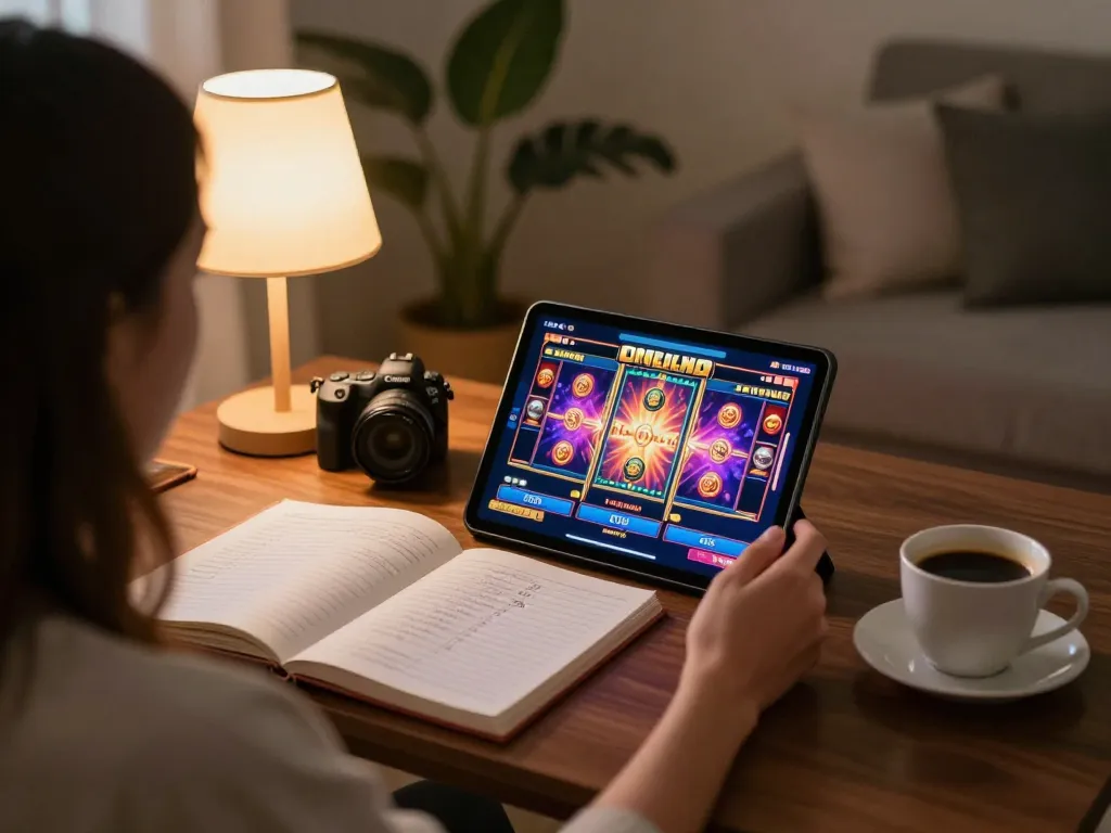 Player engaging with online slots at home, capturing the essence of gambling on https://tr88.bio/ with strategic focus and cozy environment.