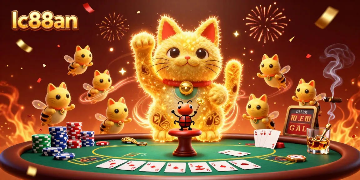 Experience the excitement of lc88an with a vibrant 3D illustration of a lucky cat and casino symbols.