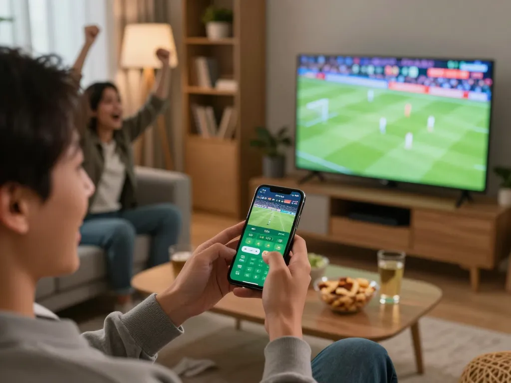 Person placing bets on trang cá cược bóng đá through a smartphone while enjoying a soccer game at home