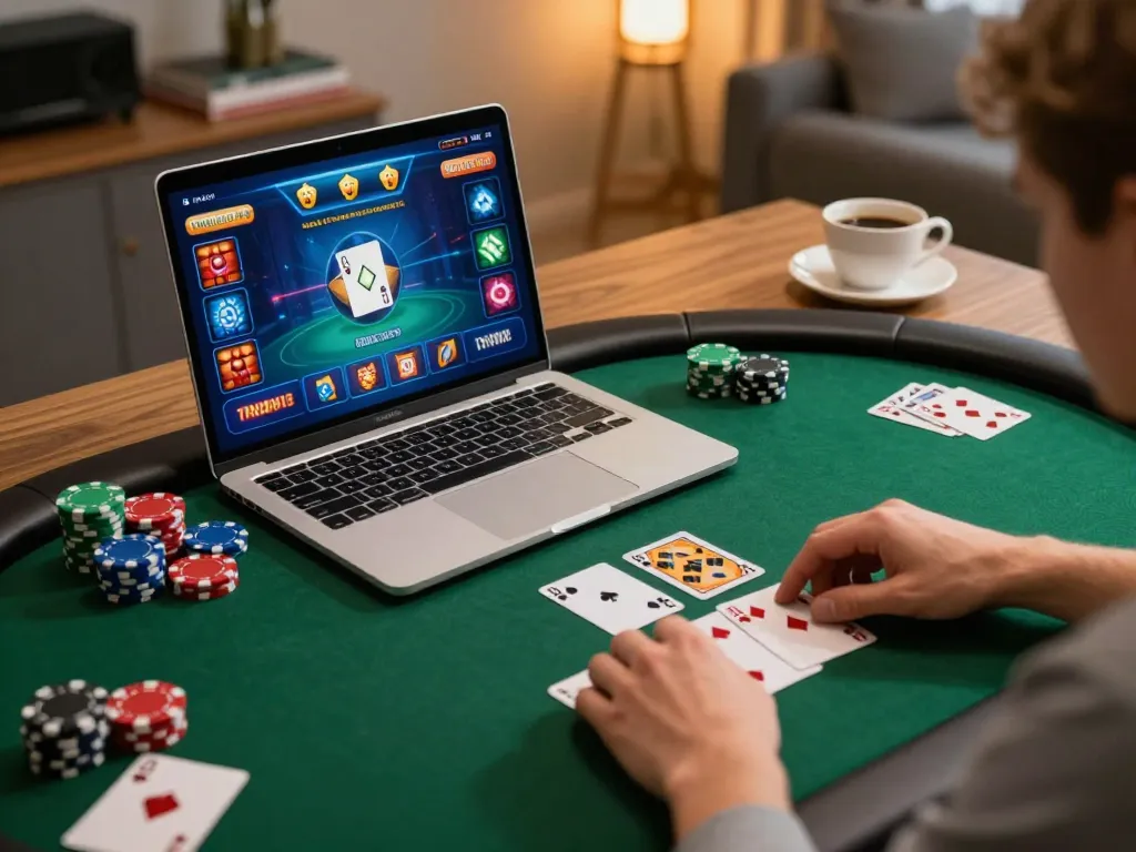 Gaming session with thabete online casino poker interface, player engaged in strategic betting.