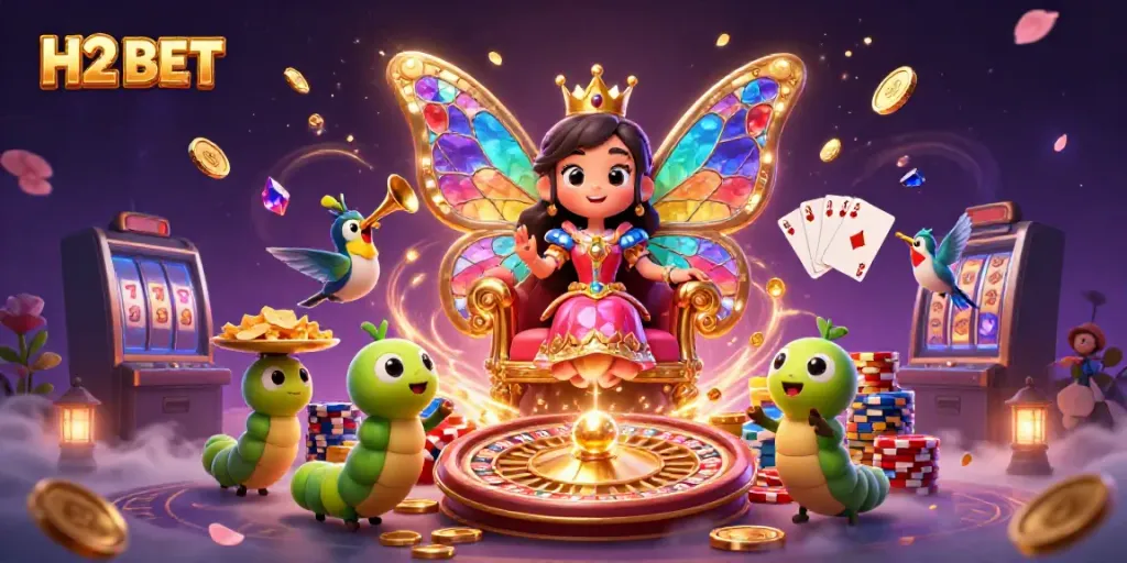 Bet on H2 BET games with a vibrant butterfly queen surrounded by casino elements.