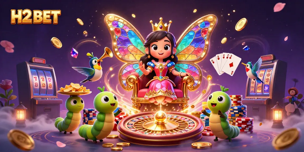 Bet on H2 BET games with a vibrant butterfly queen surrounded by casino elements.