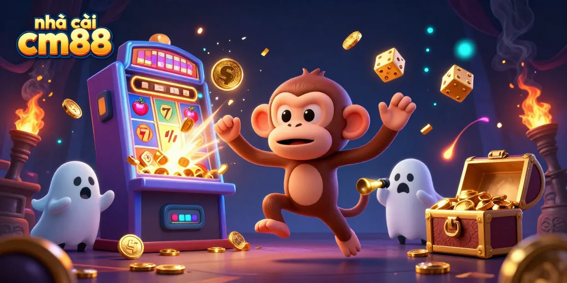 Experience the excitement of nhà cái cm88 with a playful ghost and golden treasures in a vibrant casino scene.