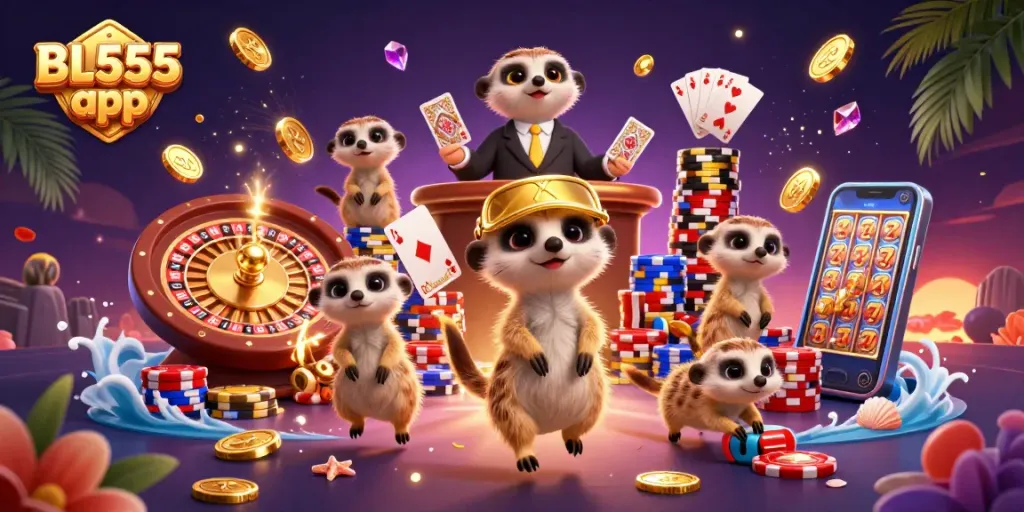 Experience the excitement of the BL555 app with animated meerkats at a vibrant casino adventure.