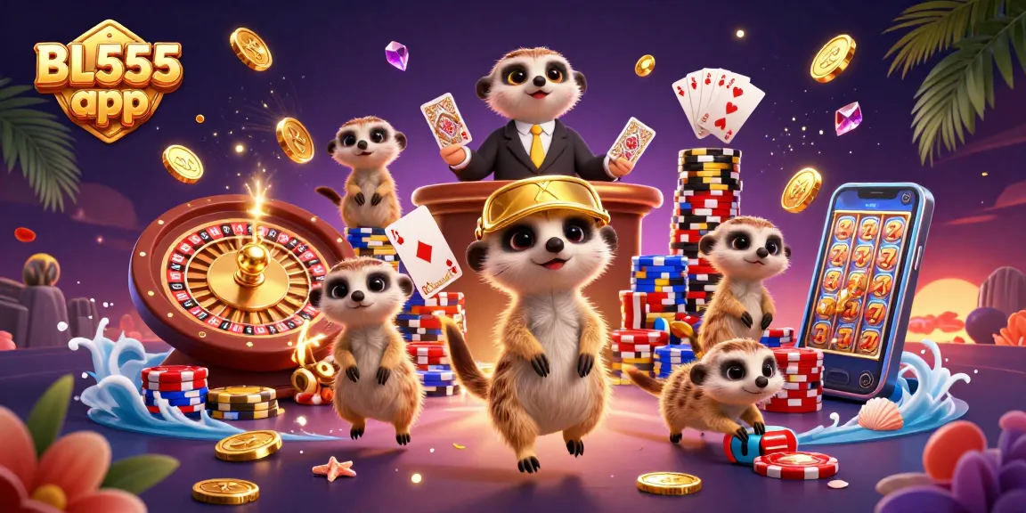 Experience the excitement of the BL555 app with animated meerkats at a vibrant casino adventure.