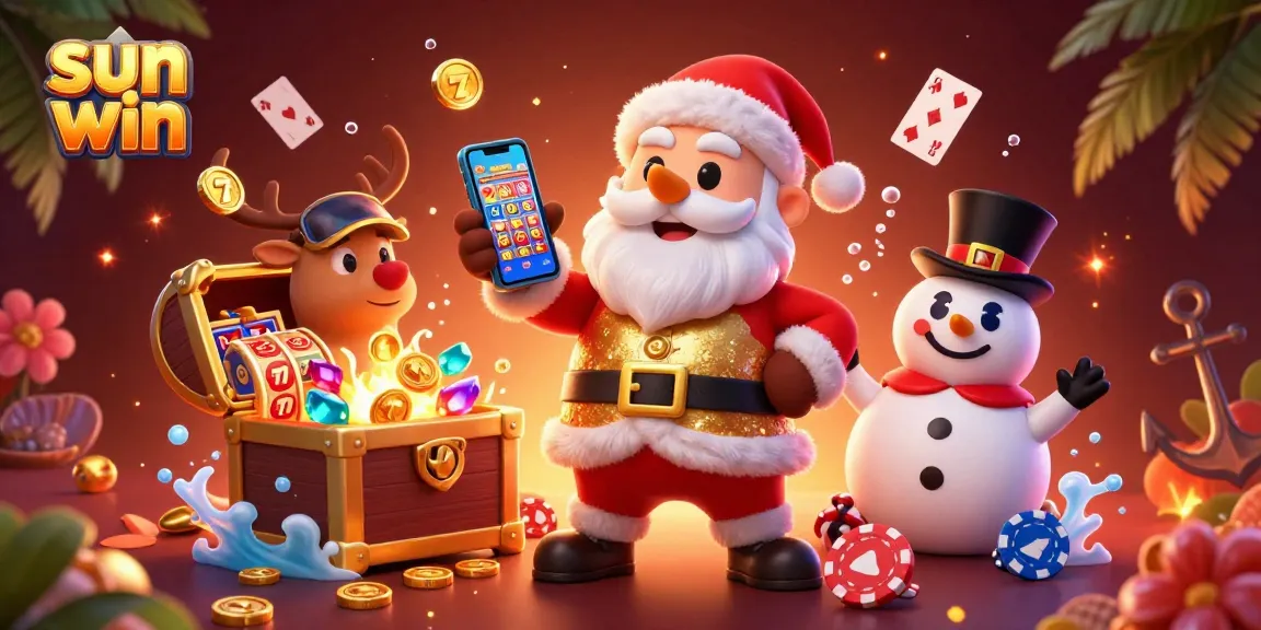 Play slots to win at Sun Win with Santa, a reindeer dealer, and a poker chip snowman.