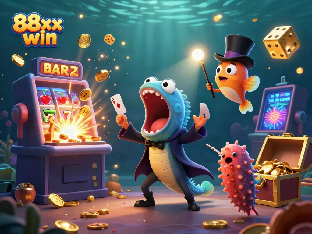 Experience the thrill of the 88xx win with a dazzling underwater casino magic act featuring vibrant creatures and exciting game symbols.