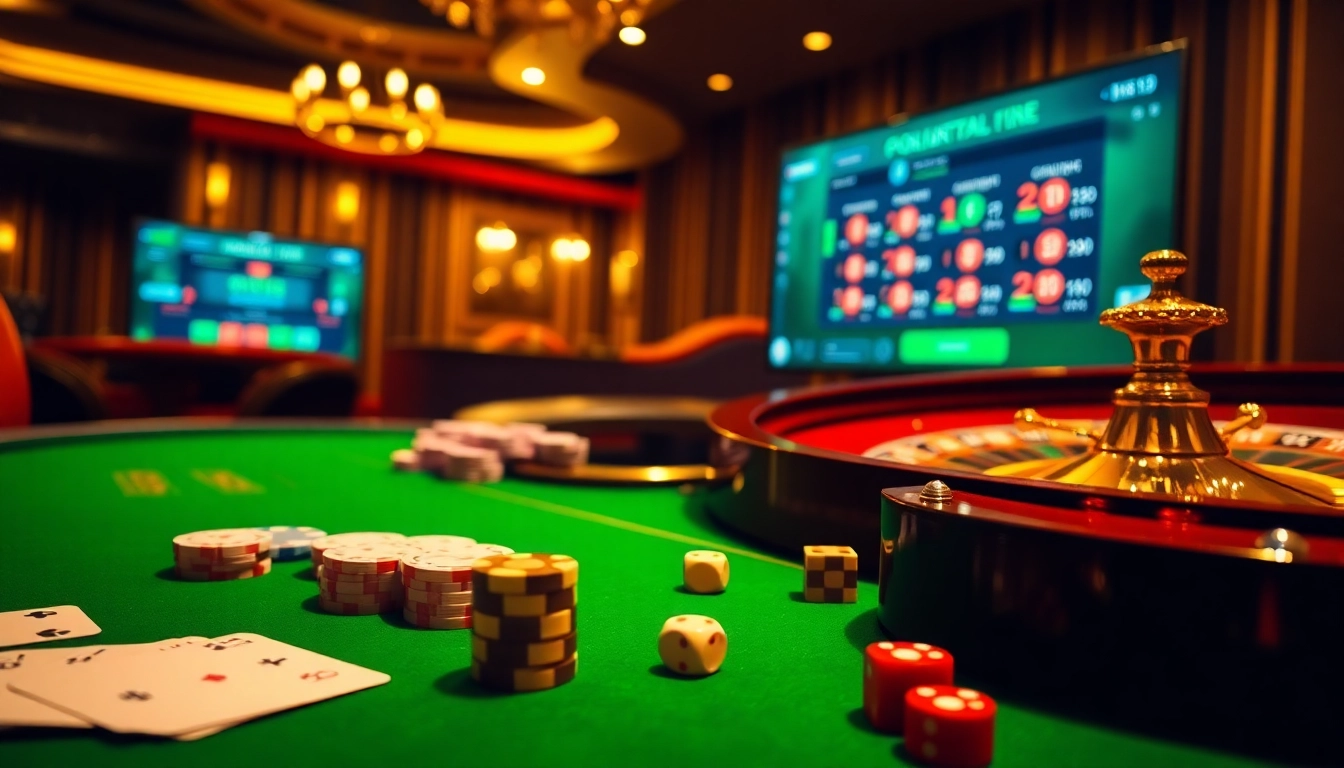 Cena de jogos empolgante com um guia completo de cassino online, fichas de pôquer e roleta girando.