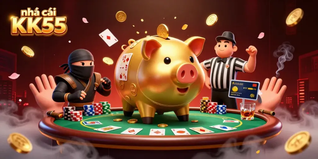 Action-packed illustration with nhà cái KK55 branding featuring unique animated casino characters.