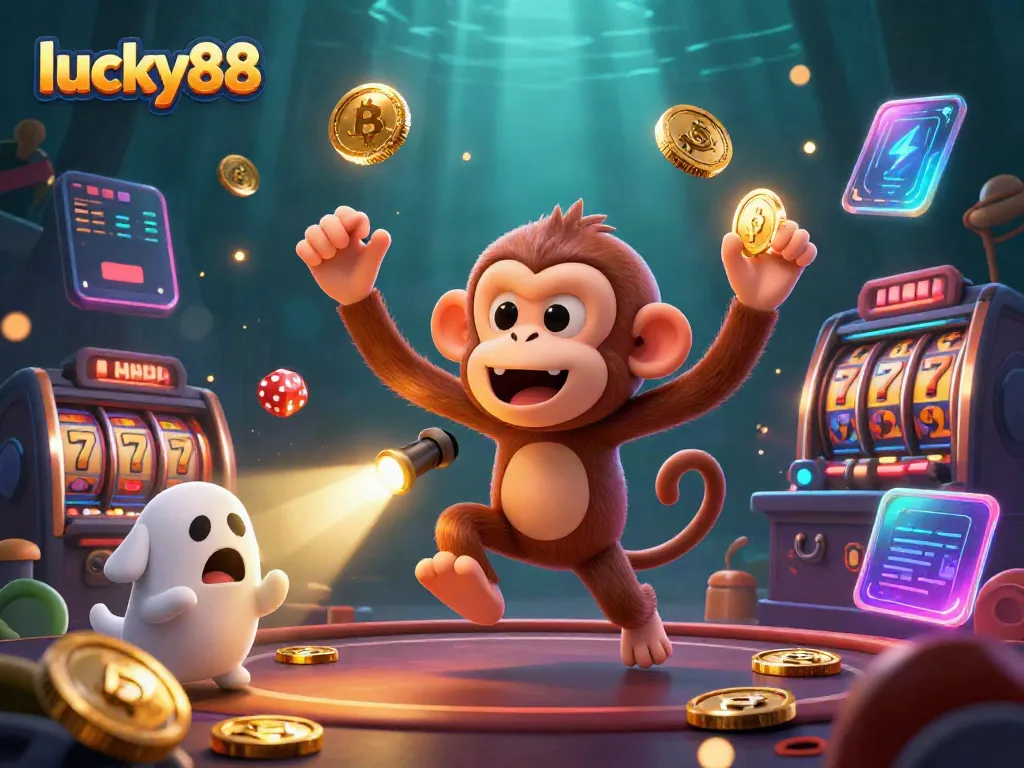 Engage in the exciting world of lucky88 with a mischievous monkey and curious dog amidst vibrant casino action.