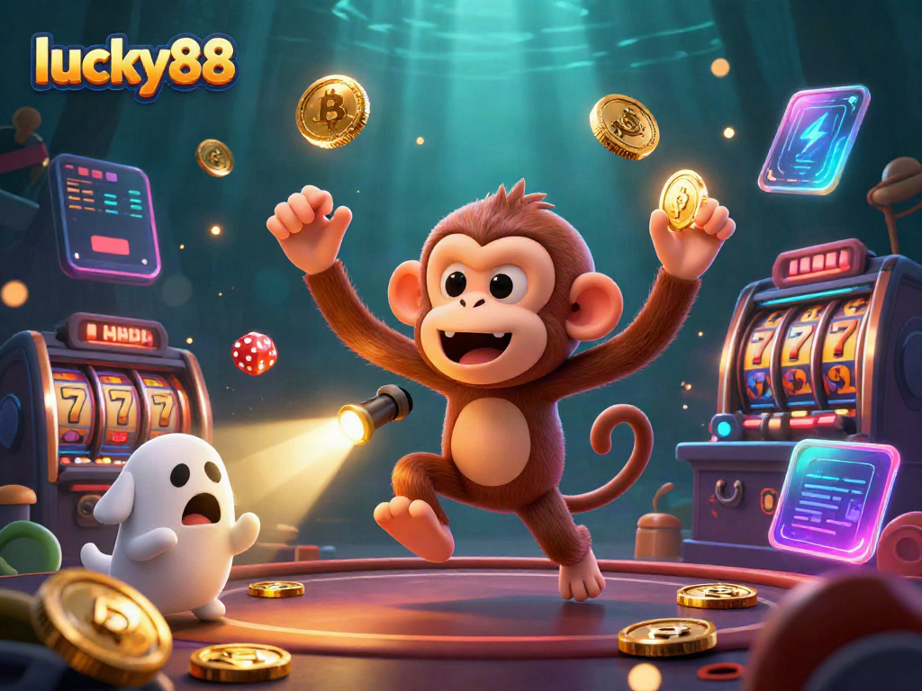 Engage in the exciting world of lucky88 with a mischievous monkey and curious dog amidst vibrant casino action.