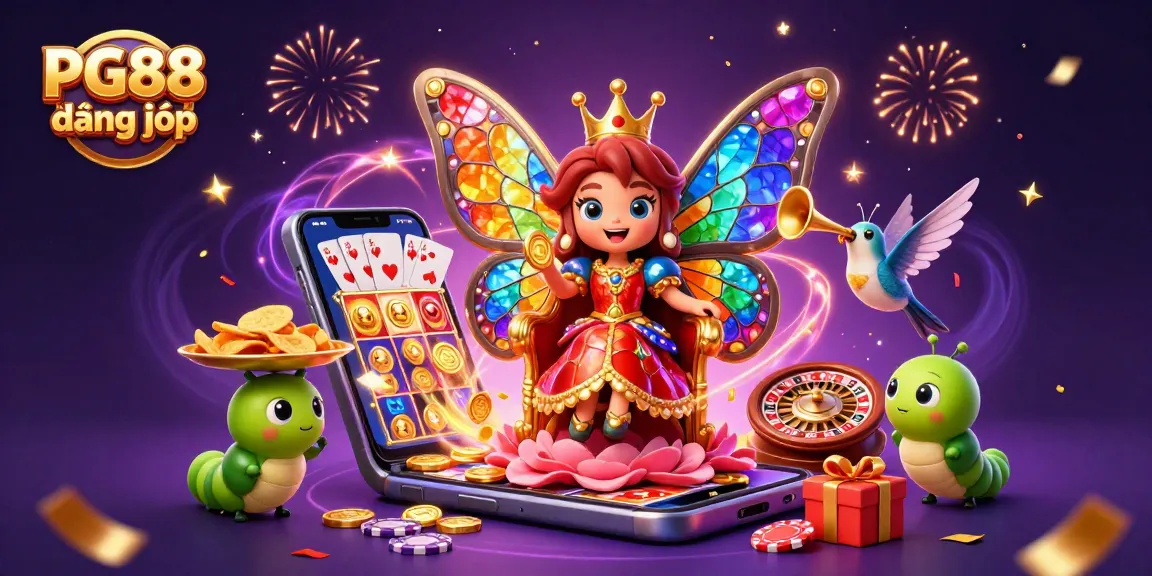Experience PG88 đăng nhập with a magical butterfly queen and exciting casino elements in a dynamic illustration.