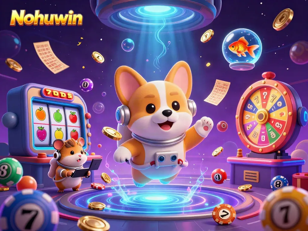 Engage with Nohuwin's dynamic gambling experience featuring vibrant slots and whimsical casino elements.