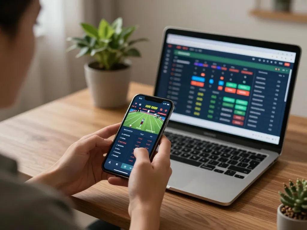 Person strategizing bets on 789win777 mobile app and laptop in cozy home.