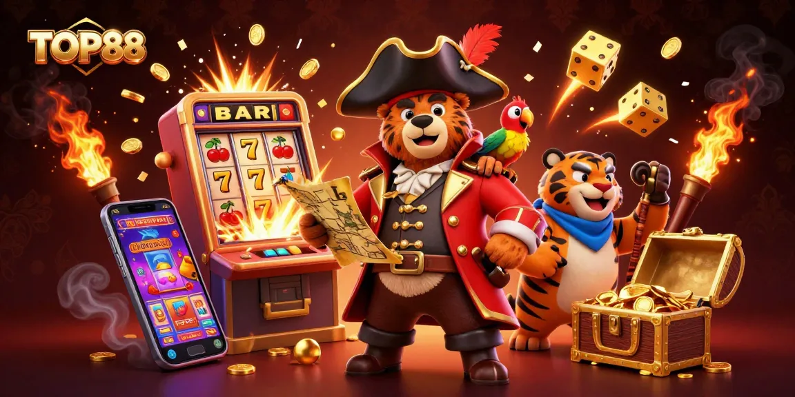 TOP88 pirate-themed slot game scene featuring a bear captain, tiger, and jackpot elements.