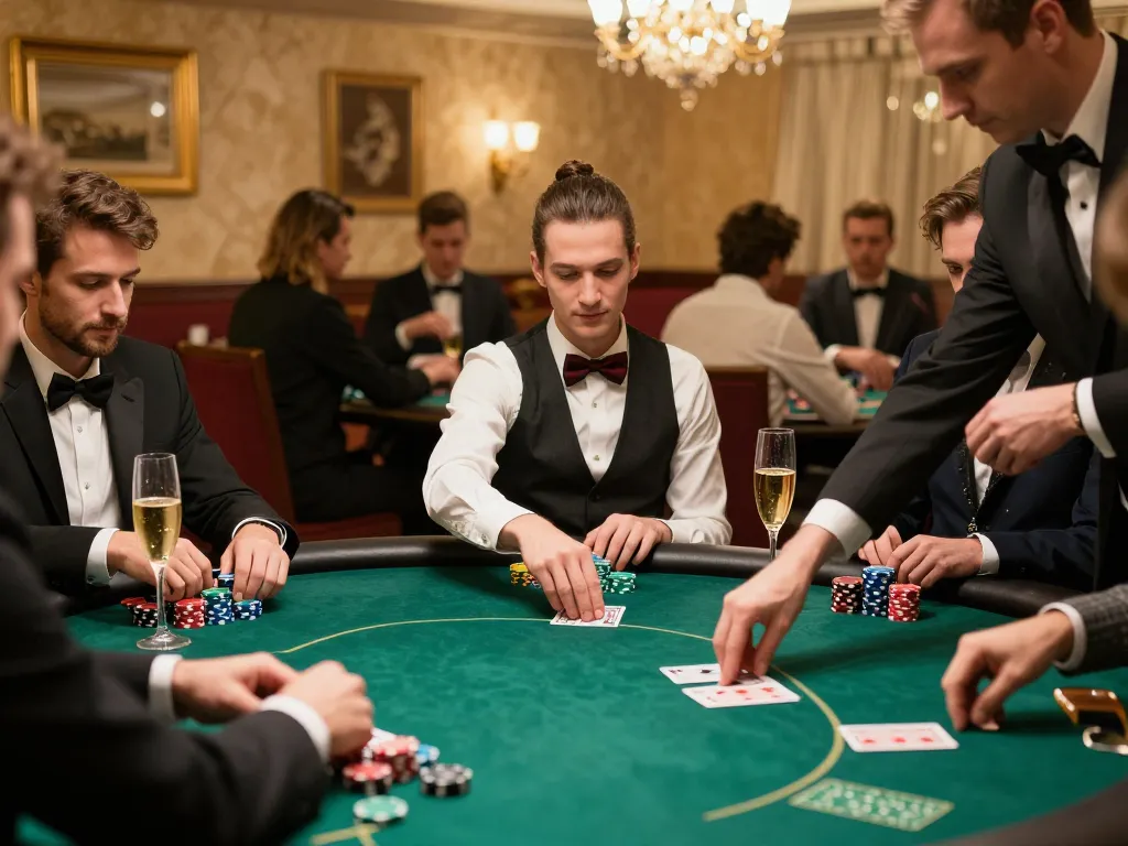 C168 poker game in an upscale casino setting with players focused and dealer in action