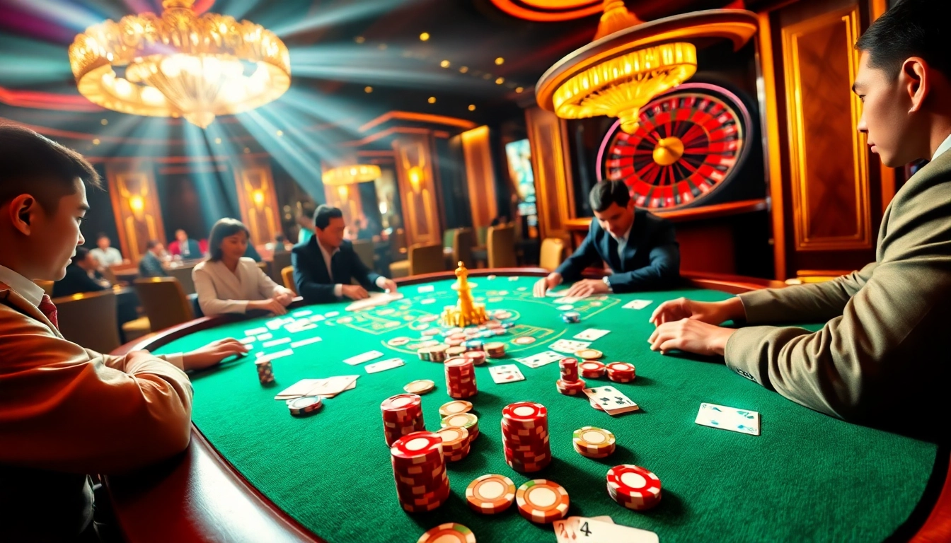Engaged players at a luxurious casino poker table, representing keonhacai 5 with excitement and professionalism.