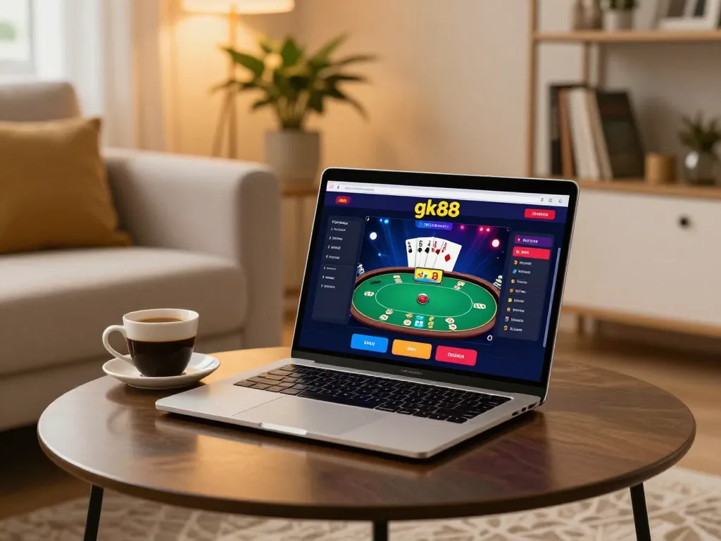 Engaging home casino gaming experience with gk88 on laptop, showcasing poker strategies.