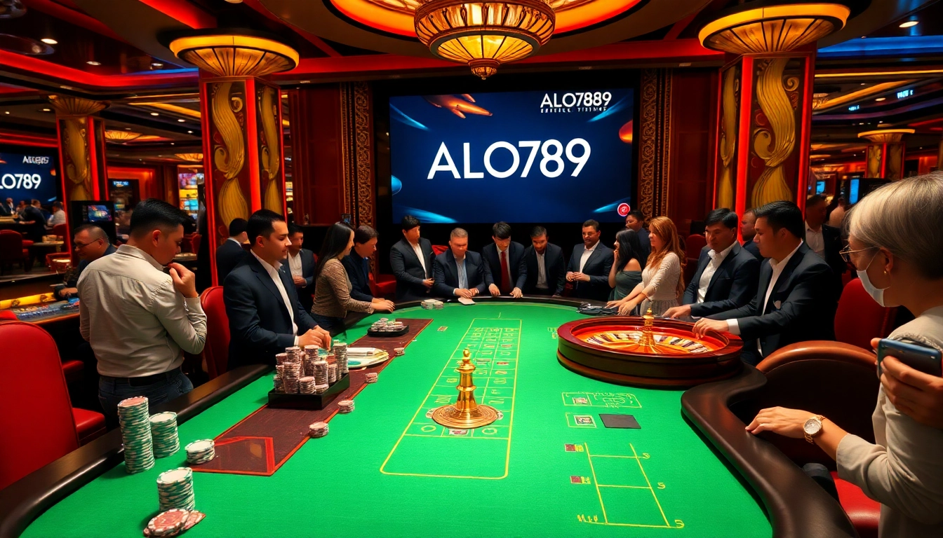 A lively gaming table scene featuring alo789 casino logo with diverse gamblers engaged in exciting games.