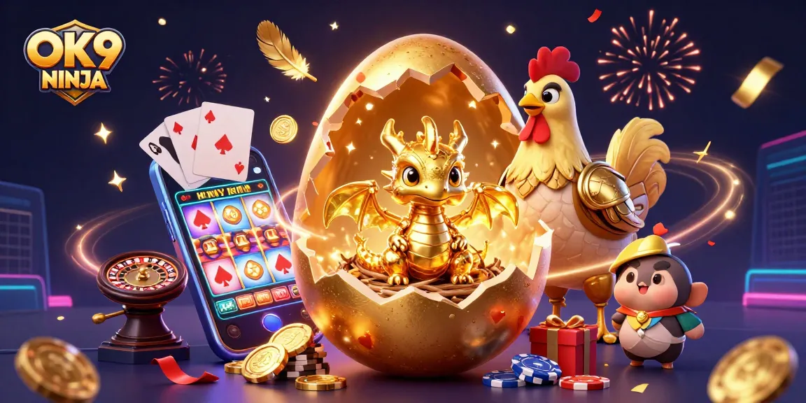 Join the excitement of OK9 NINJA with a baby dragon and golden egg, revealing stunning slot game moments.