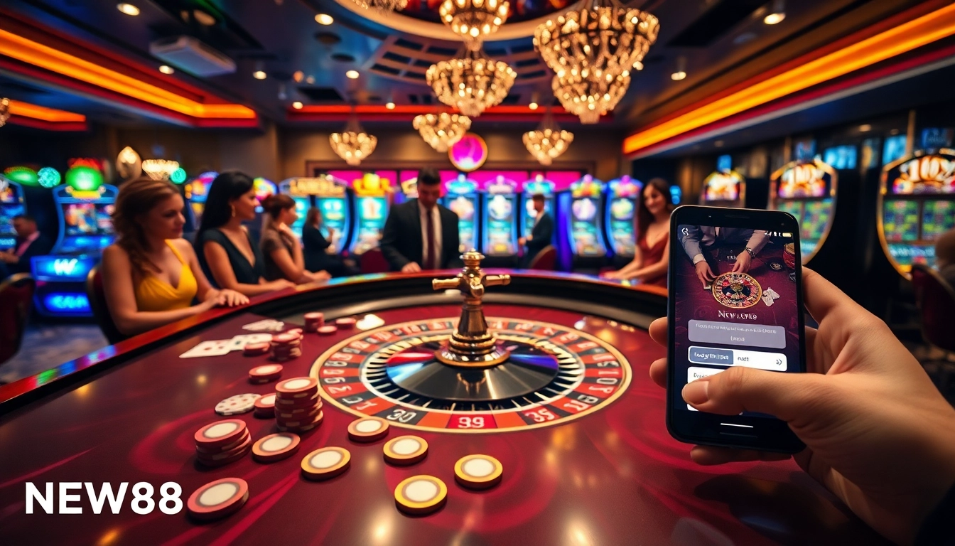 Engaging scene of online gambling with Đăng Nhập NEW88 highlighted by a vibrant casino atmosphere.