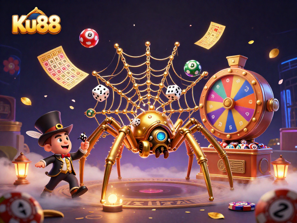 Experience thrilling gameplay with Ku88 featuring a steampunk spider and dynamic lottery elements in an exciting casino atmosphere.
