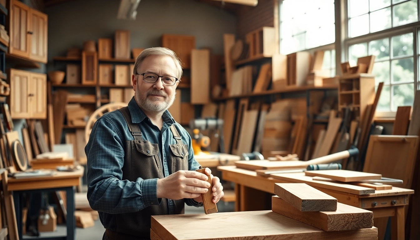 Skilled cabinet maker crafting detailed woodwork in a bright workshop.