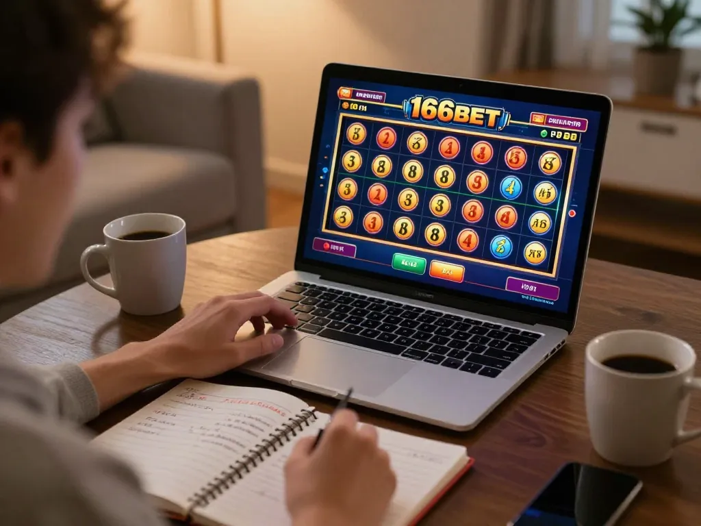 Jogador online desfrutando das máquinas caça-níqueis da 166bet no laptop com anotações de apostas estratégicas ao lado.