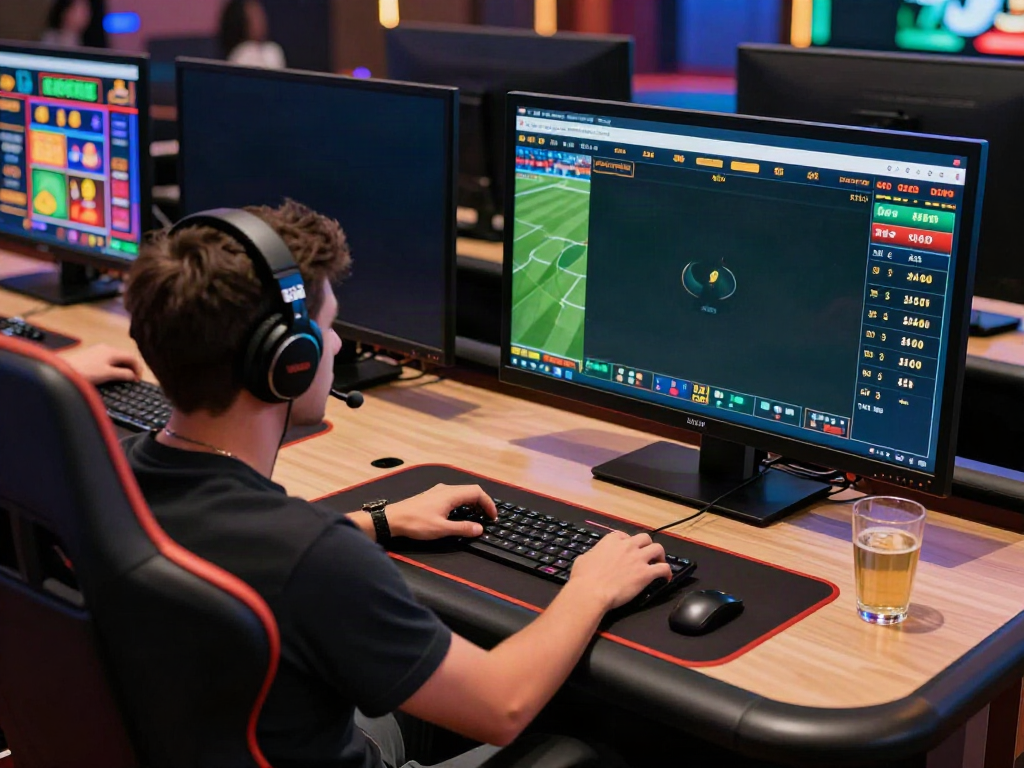 Engaged player at UK88 gaming desk, placing bets online in a vibrant atmosphere.