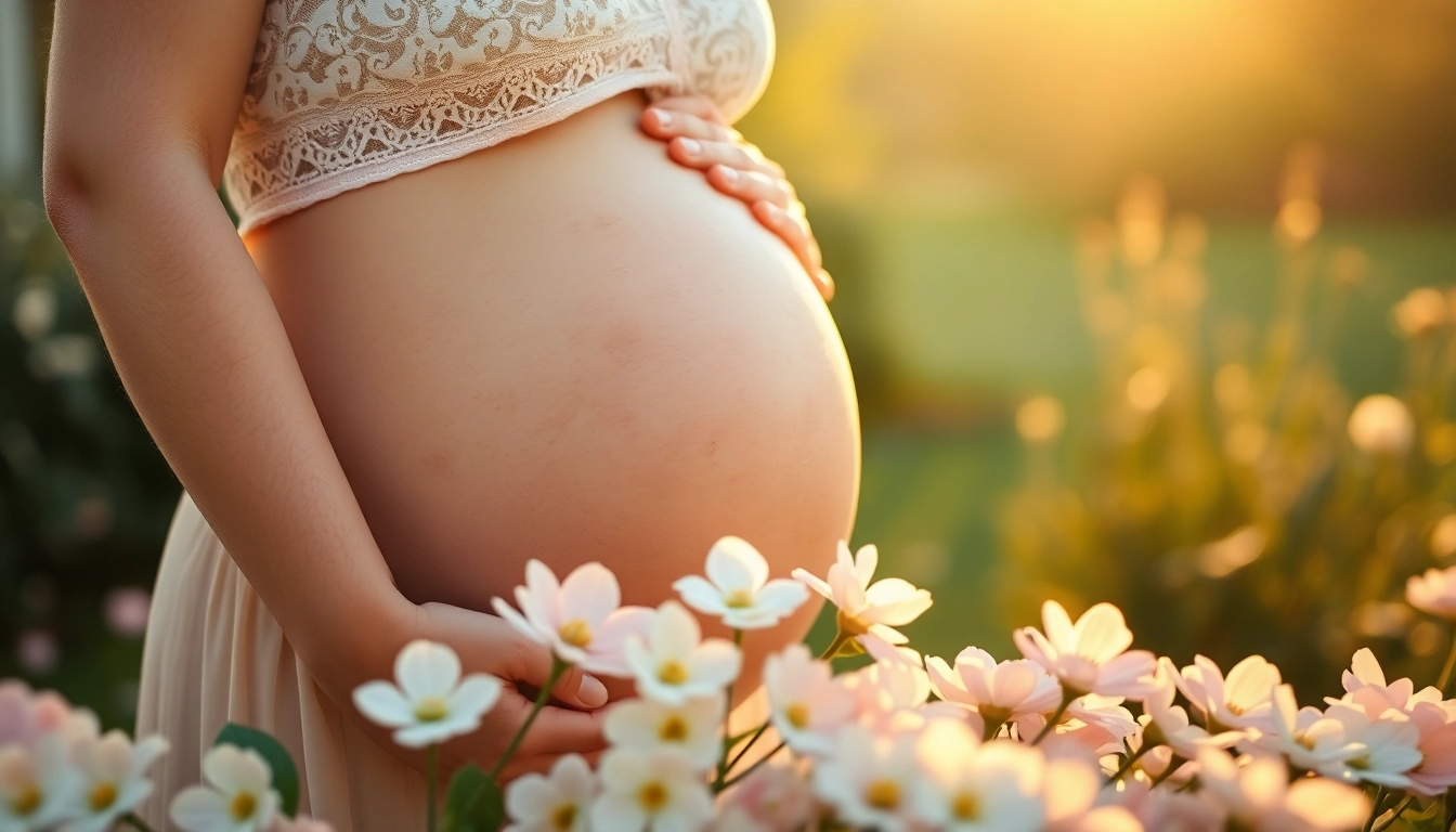 Cherishing a moment in a Babybauch Fotoshooting highlighting a glowing pregnancy glow in a serene garden.