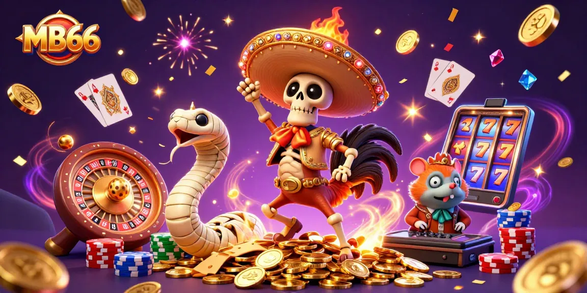 Experience thrilling gaming at MB66 with vibrant 3D characters celebrating amidst a cascade of golden coins.