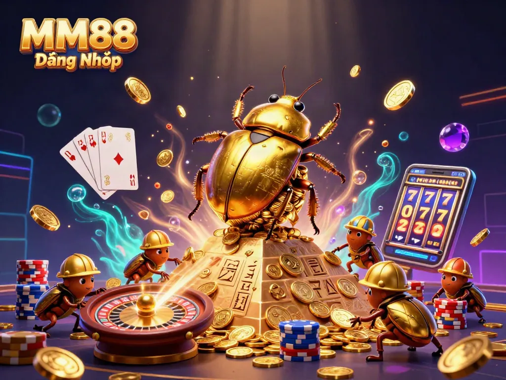 Experience the thrill of MM88 Đăng Nhập while exploring vibrant casino elements in a dynamic 3D illustration.