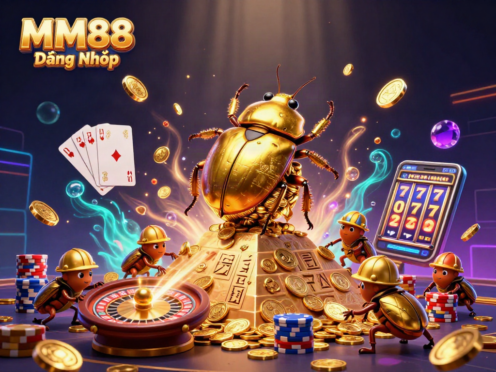 Experience the thrill of MM88 Đăng Nhập while exploring vibrant casino elements in a dynamic 3D illustration.