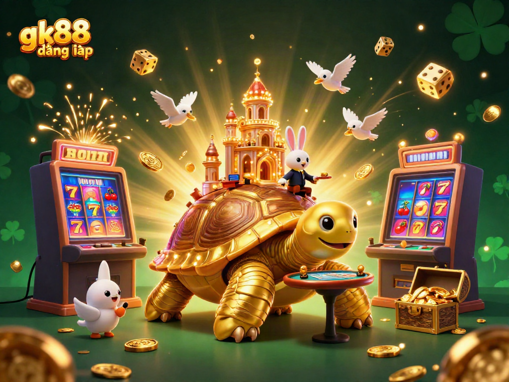 Engage in thrilling gaming action with gk88 đăng nhập; a vibrant scene with a golden tortoise casino and joyful dealers.
