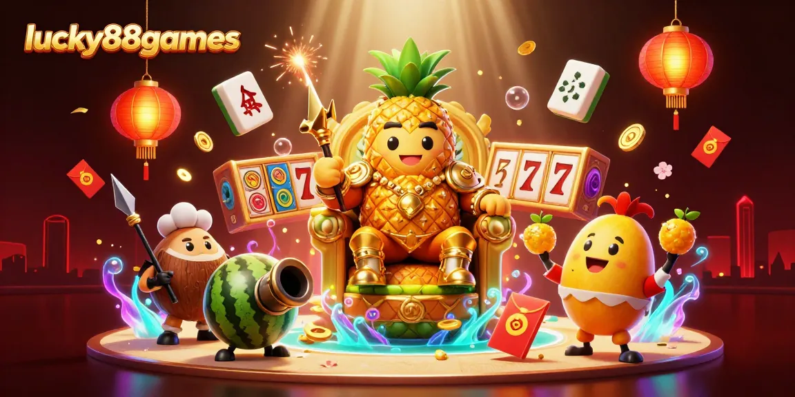 Spin and win at lucky88games with vibrant casino elements including a golden pineapple king and slot reels.