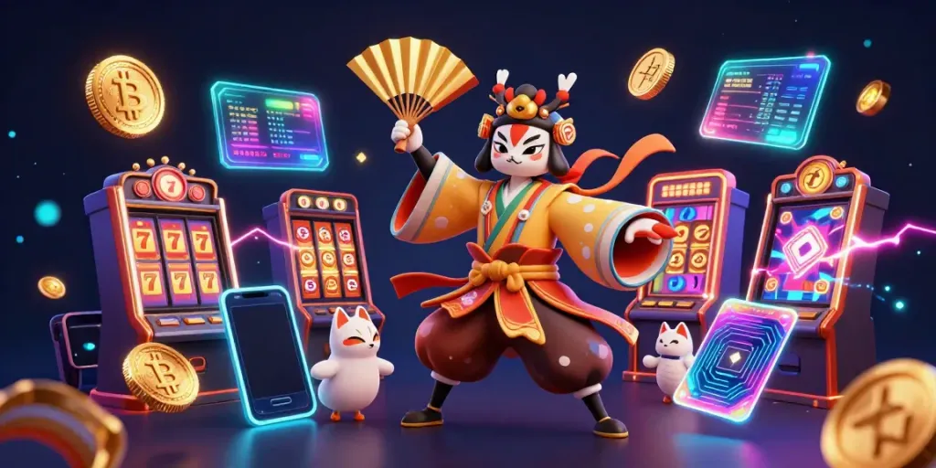Experience thrilling wins with 688V's dynamic casino scene featuring kabuki warriors and slot games.