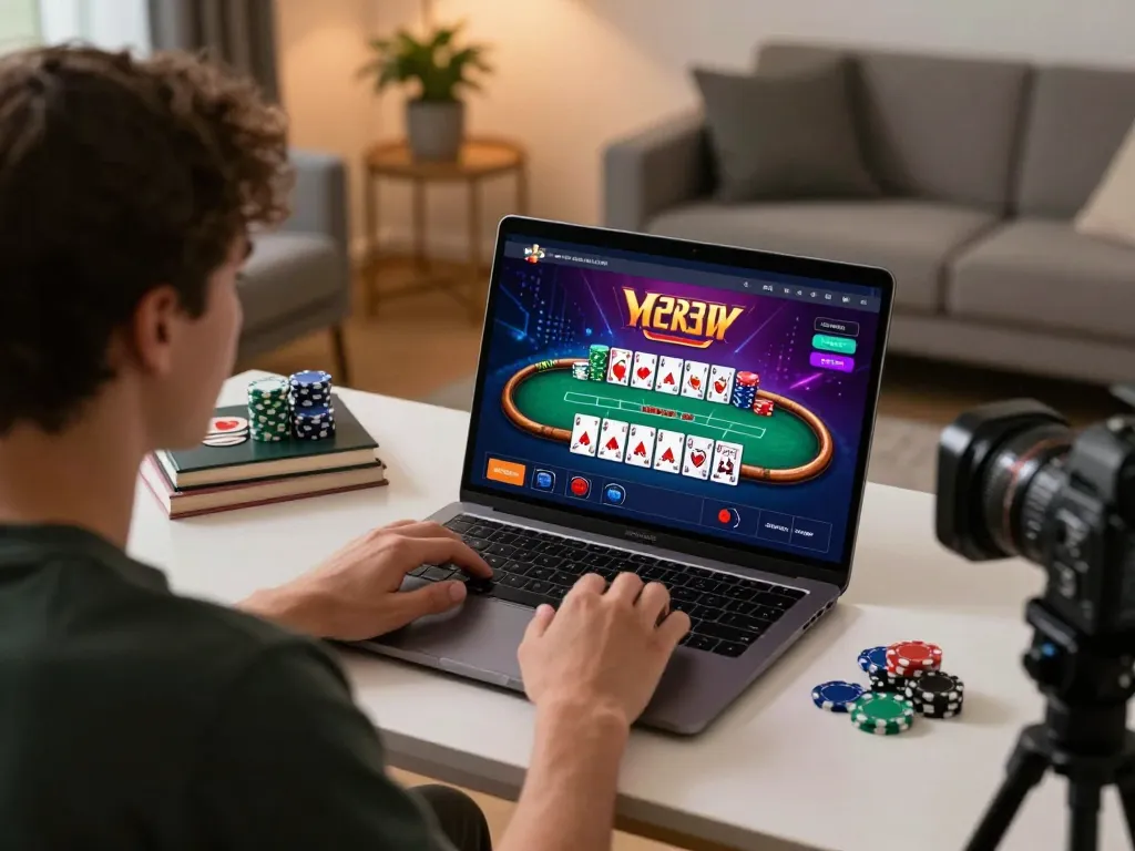 Play poker online with 33nn in a cozy home setup, emphasizing strategic gaming.