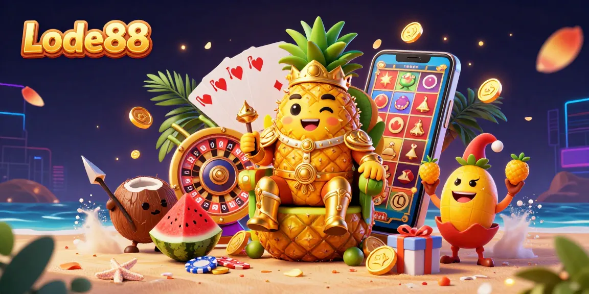 Lode88 showcases a vibrant 3D scene with a pineapple king and casino elements at a tropical beach.