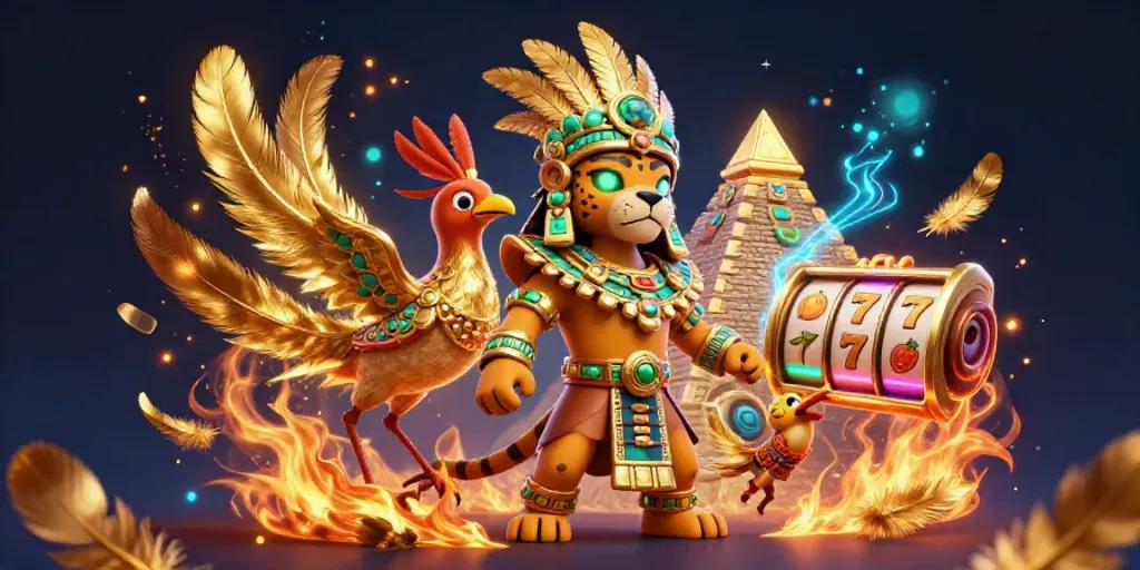 Experience thrilling casino adventures with the vibrant 79q1 Mayan-themed illustration featuring slot reels and dynamic characters.