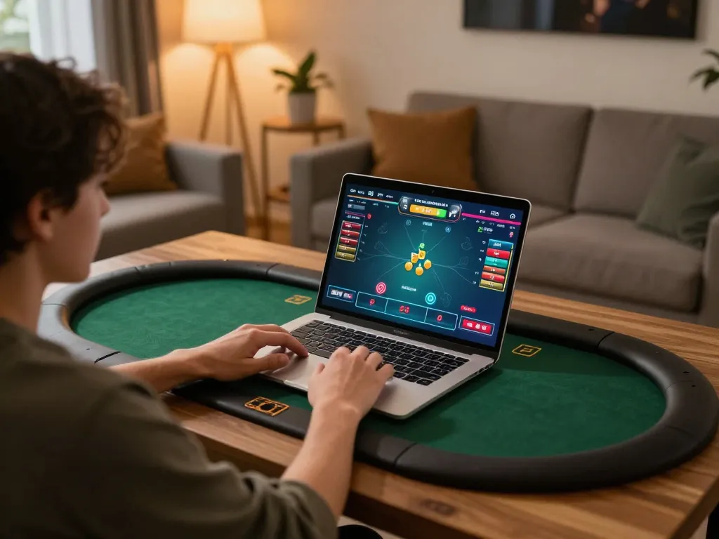Engaging in strategic online poker gameplay on jogoluck platform in a cozy home setting.