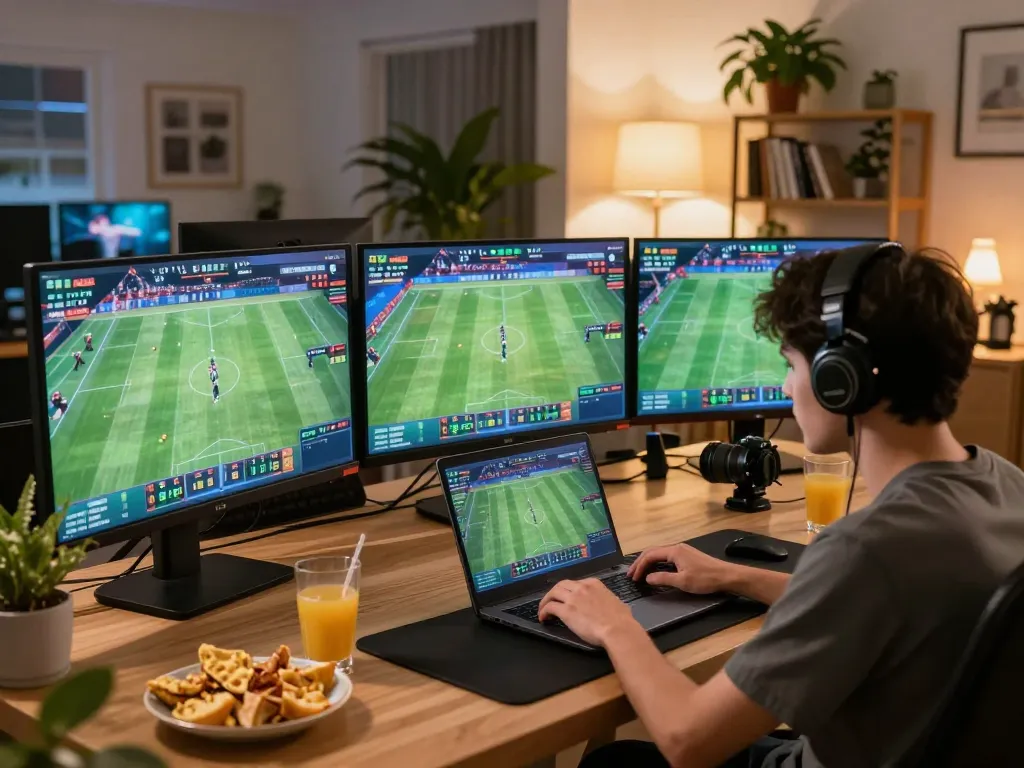 Betting on MK8 with intense focus during a live online sports event.
