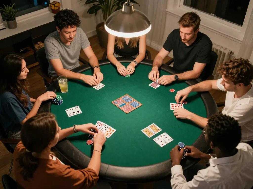 Friends engaged in a lively poker game at home, showcasing the allure of 559x.com for social gambling experiences