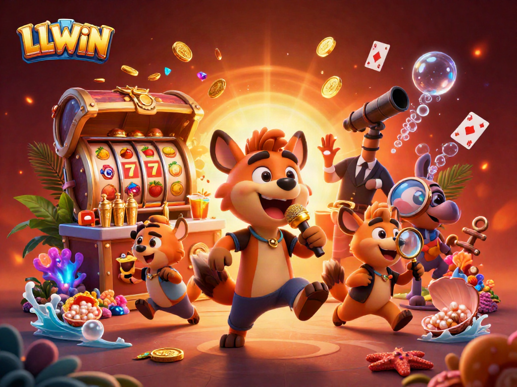 LLWIN casino scene featuring hyenas as characters, dynamic gaming elements, and vibrant visuals.