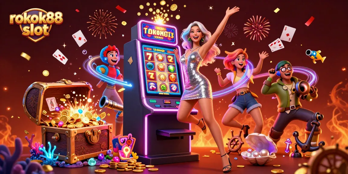 Experience the excitement of rokok88 slot with a stunning celebration scene around a jackpot.