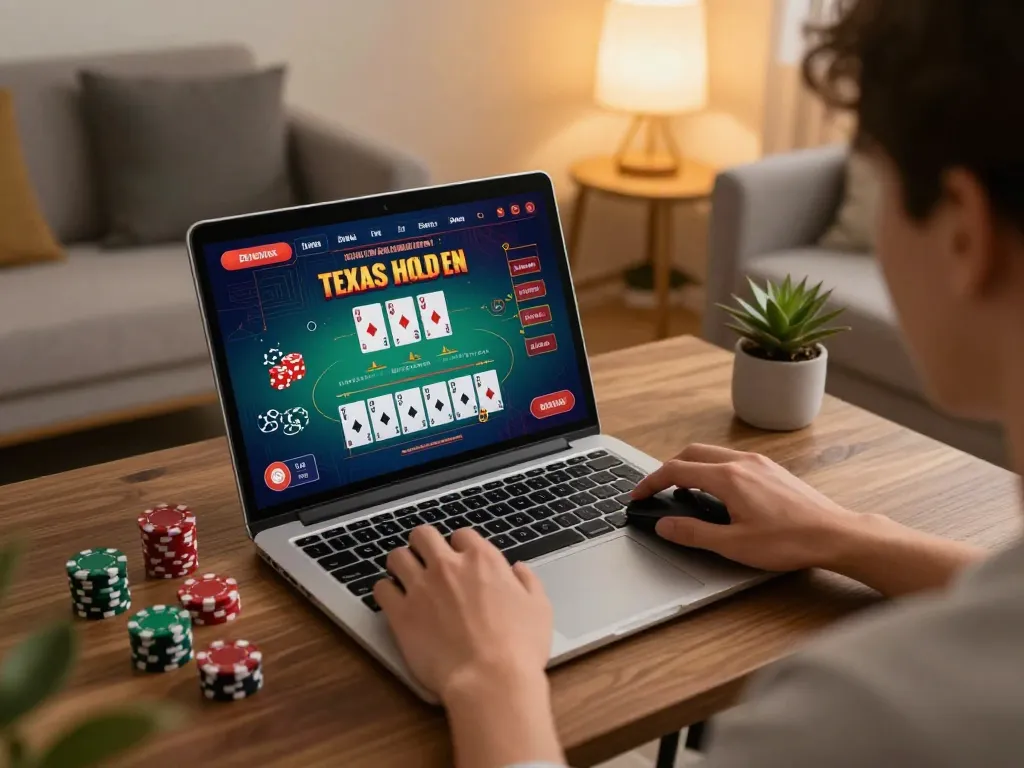 Player immerses in online gambling at 688v, showcasing Texas Hold'em game and strategy.