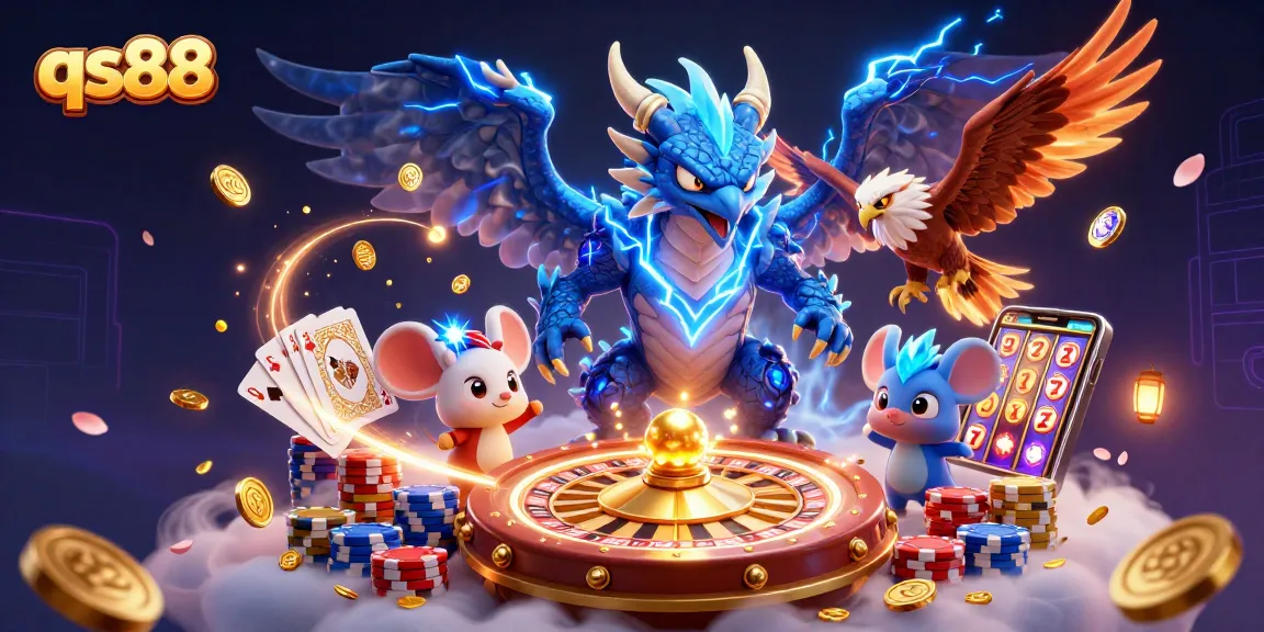 Experience wins at qs88 featuring a dynamic 3D scene with a thunder dragon, hawk, and thunder mouse amidst casino elements.