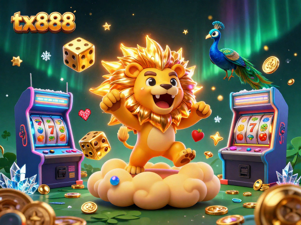 tx888 dazzles in a vibrant casino adventure, showcasing a roaring lion and giant dice amid 3D gaming elements.