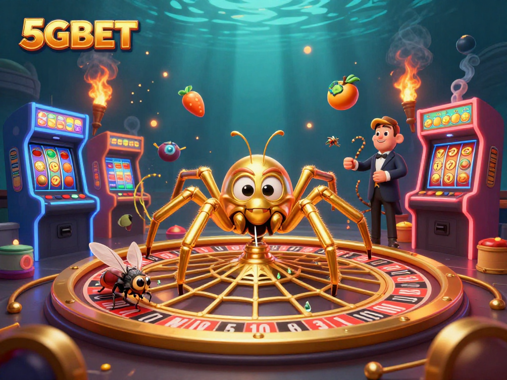 5GBET's golden spider spins a roulette wheel while colorful game elements enhance the casino vibe.
