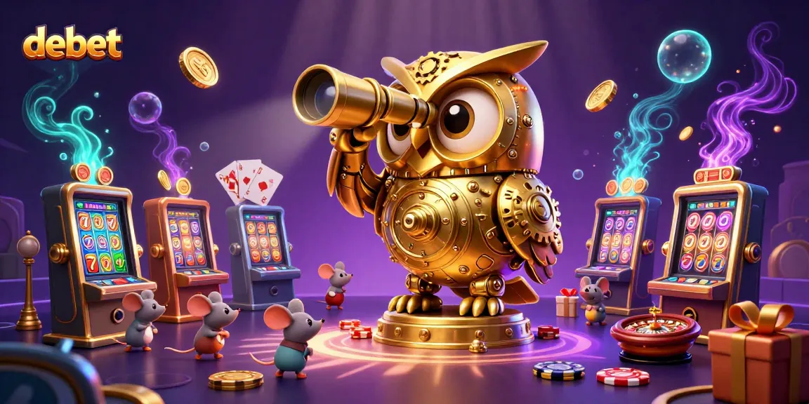 Experience thrilling gameplay with debet as golden coins and cards surround a golden owl in a vibrant casino.